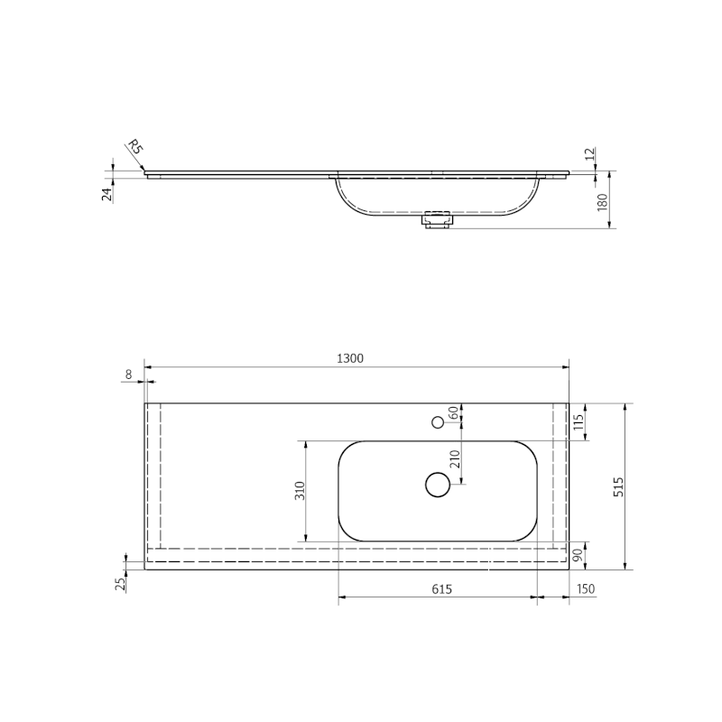 ARUBA umyvadlo, Rockstone, 130x51,5cm, pravé, bílá mat AR130-B1R
