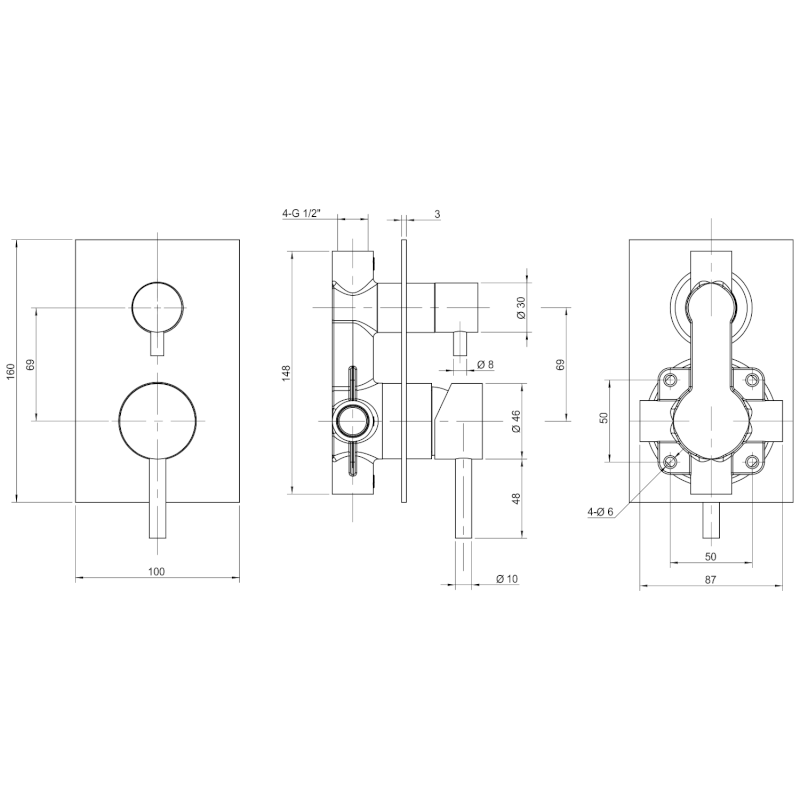 MINIMAL podomítková sprchová baterie, 2 výstupy, nerez mat MI042
