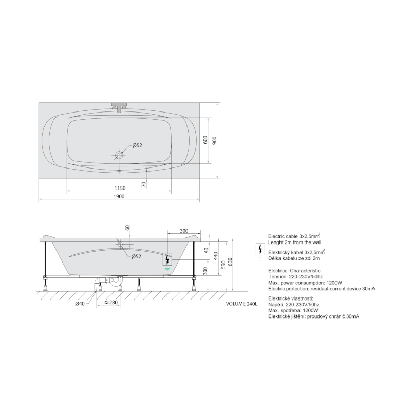 GARDA hydromasážní vana, 190x90x44cm, Highline Hydro-Air, chrom 14111.6010