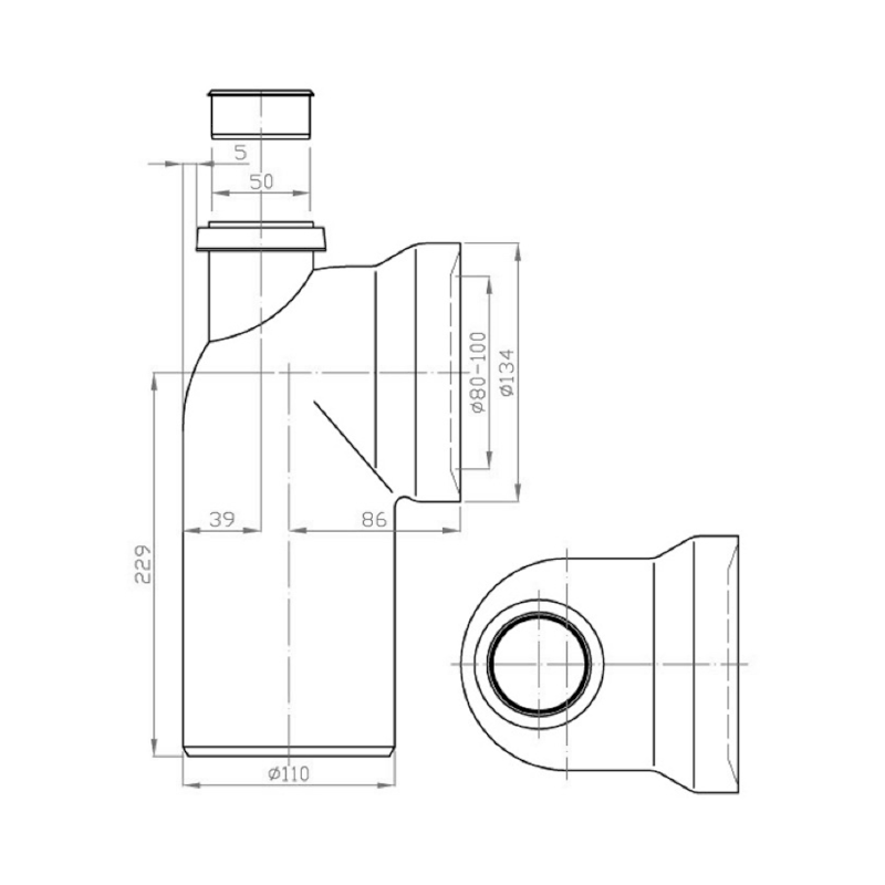 Koleno s přípojkou 90 dopojení k WC, 110mm 159.313.0