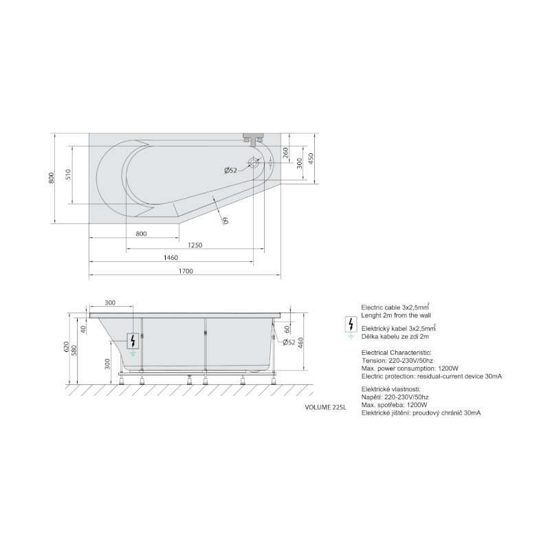 TIGRA L hydromasážní vana, 170x80x46cm, Highline Hydro-Air, chrom 90111.6010