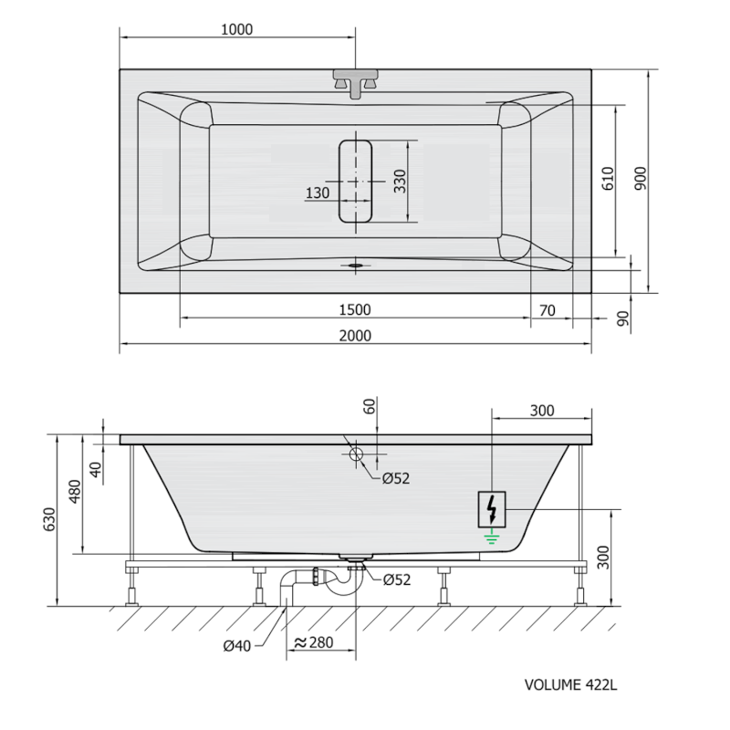 MARLENE hydromasážní vana, 200x90x48cm, Active Hydro, chrom 78731.1010