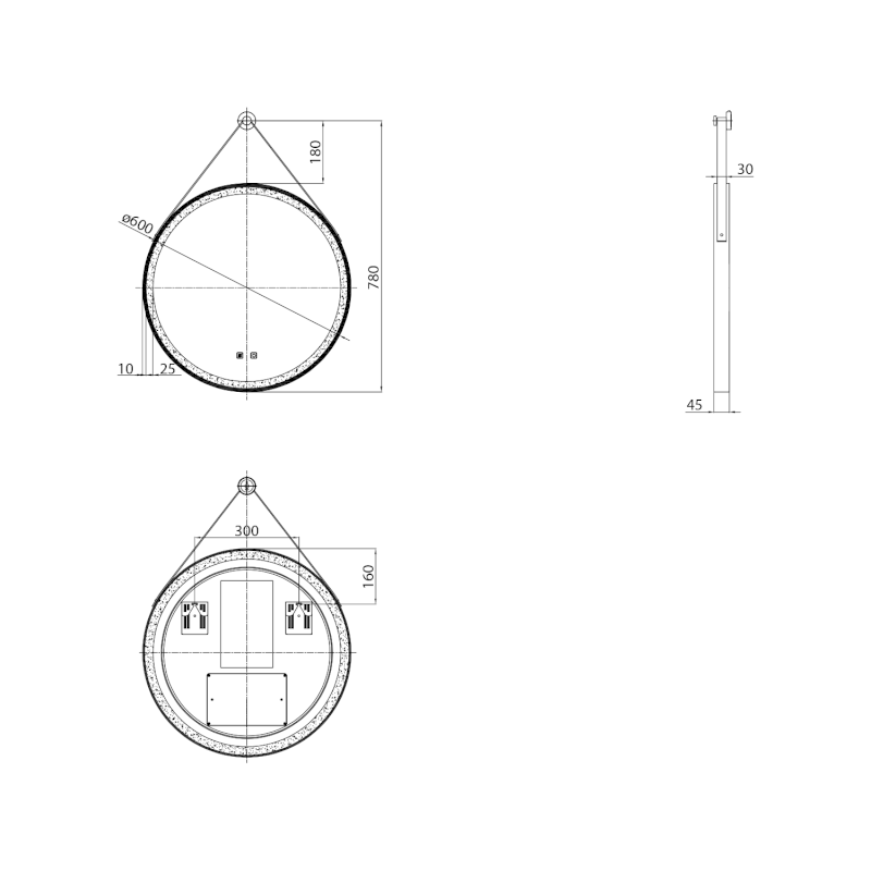 STAGO kulaté zrcadlo s LED osvětlením ø 60cm, kožený pásek, dotykový senzor, stmívatelné, černá mat SG060
