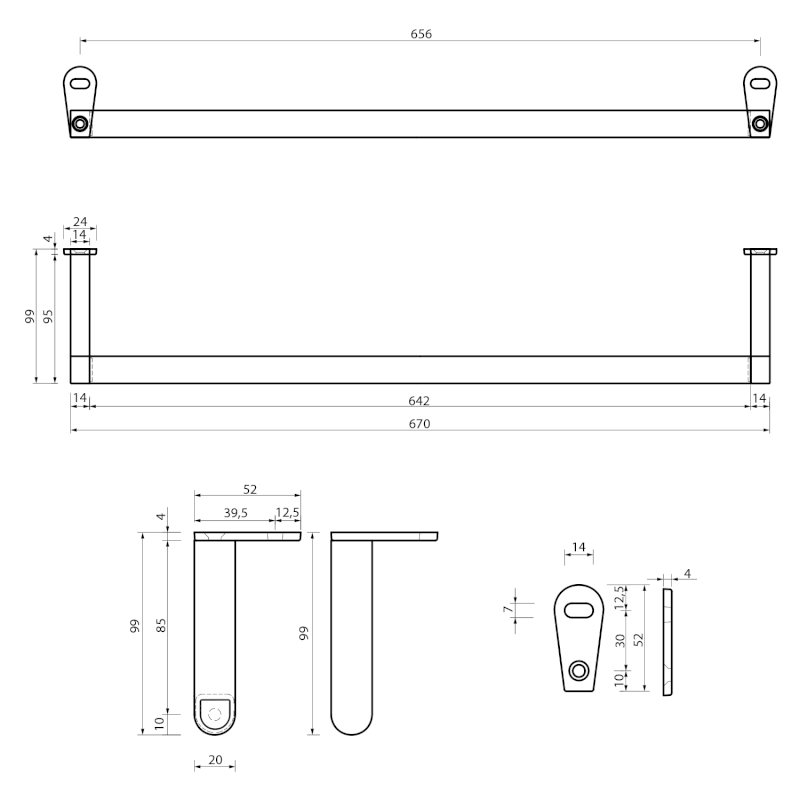 CLASSIC čelní držák ručníků 75cm, chrom PACL75