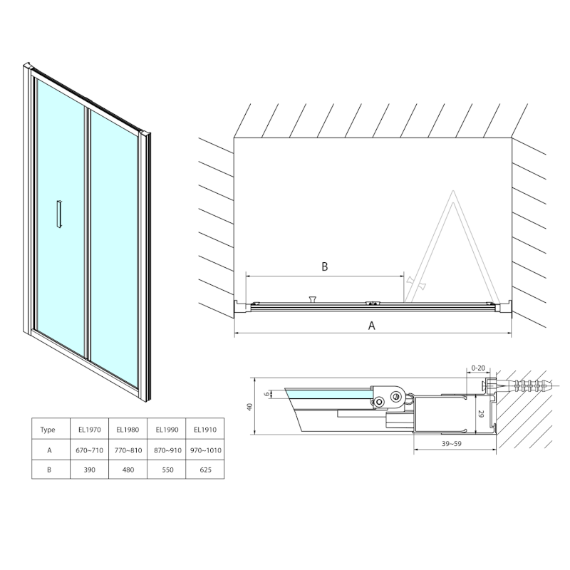 EASY sprchové dveře skládací 900mm, čiré sklo EL1990
