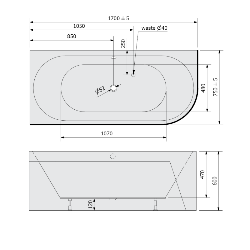 VIVA L MONOLITH asymetrická vana 170x75x60cm, bílá 70119M