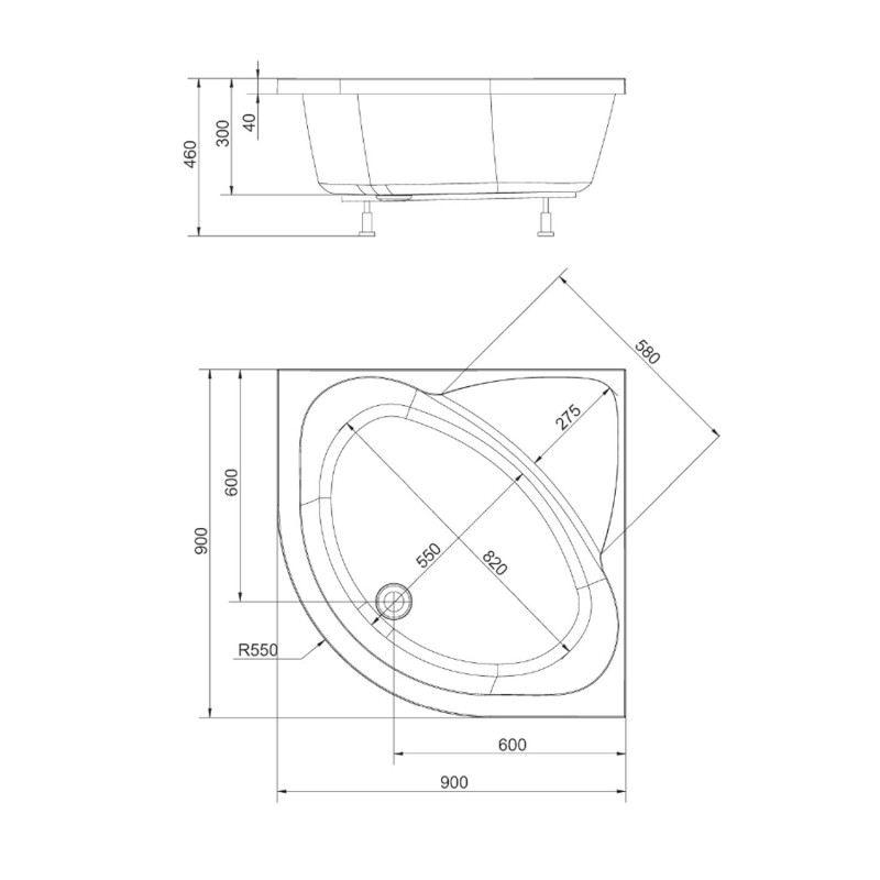 SELMA hluboká sprchová vanička s konstrukcí, čtvrtkruh 90x90x30cm, R550, bílá 28711