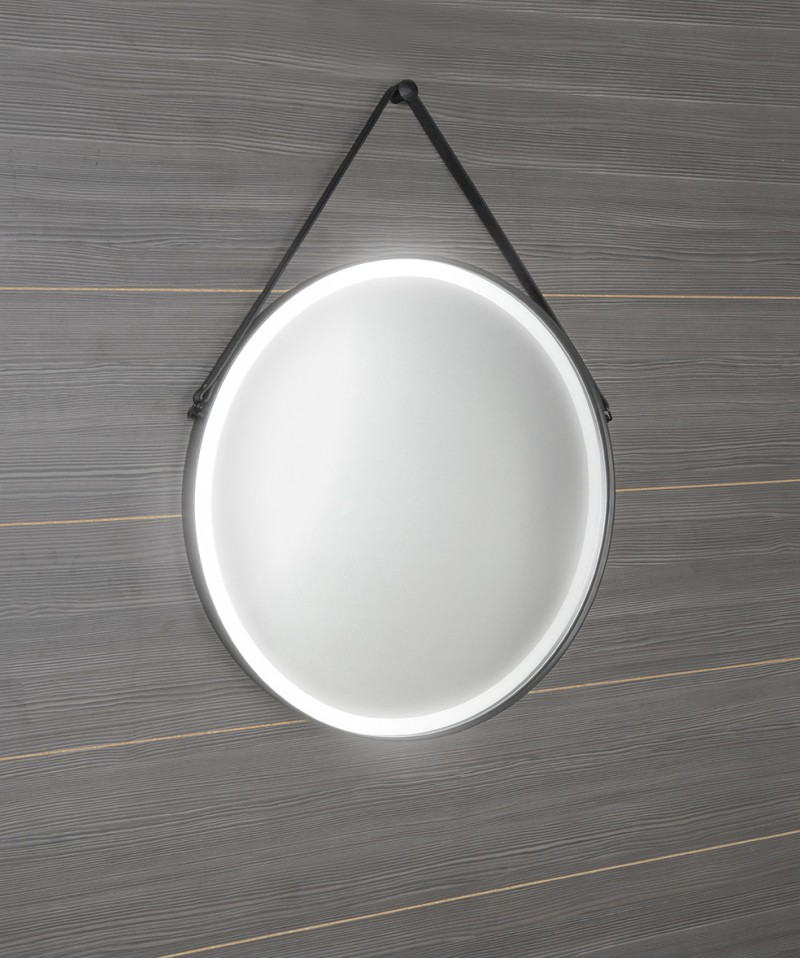 ORBITER kulaté zrcadlo s LED osvětlením ø 70cm, kožený pásek, černá mat ORL070