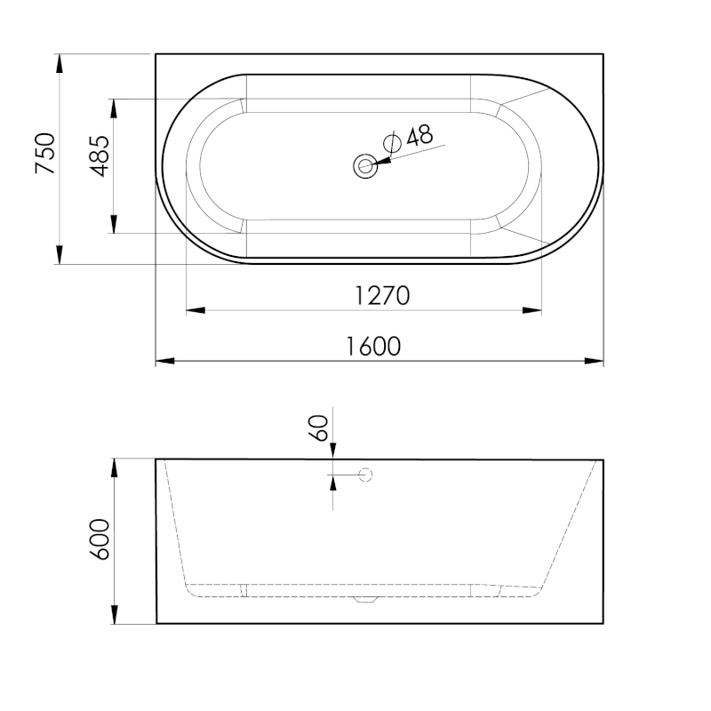 ASTRA DR MONOLITH nástěnná stojící vana 160x75x60cm, bílá/černá 34611MDRB