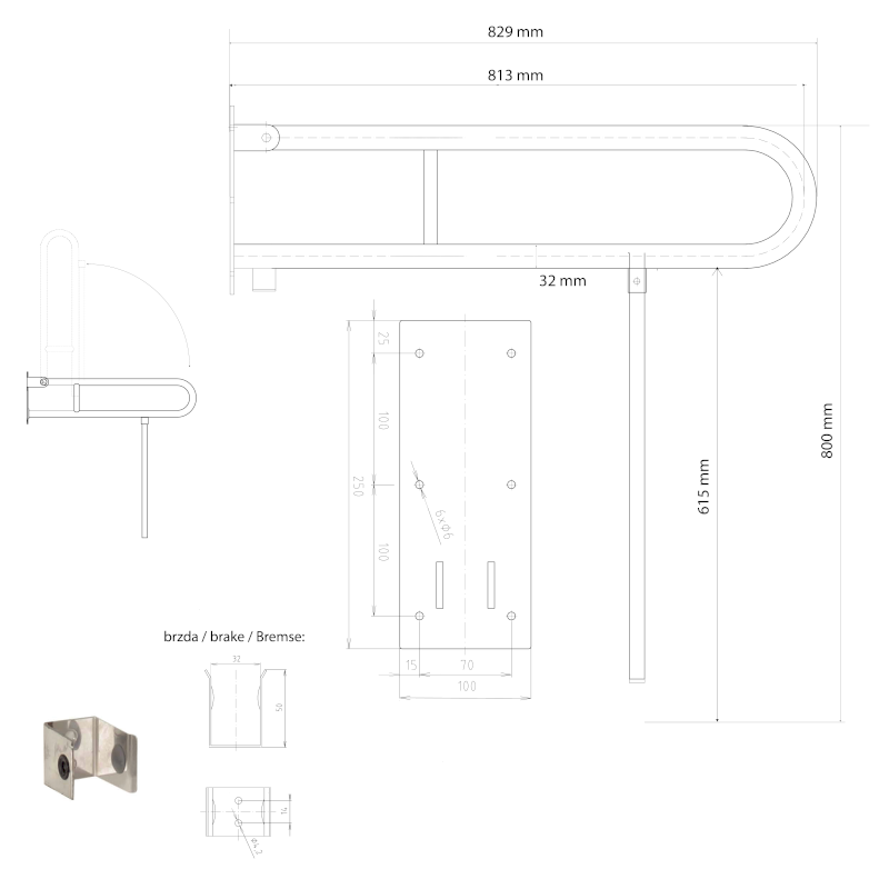 HANDICAP madlo sklopné s opěrnou nohou 813mm, nerez lesk XH523