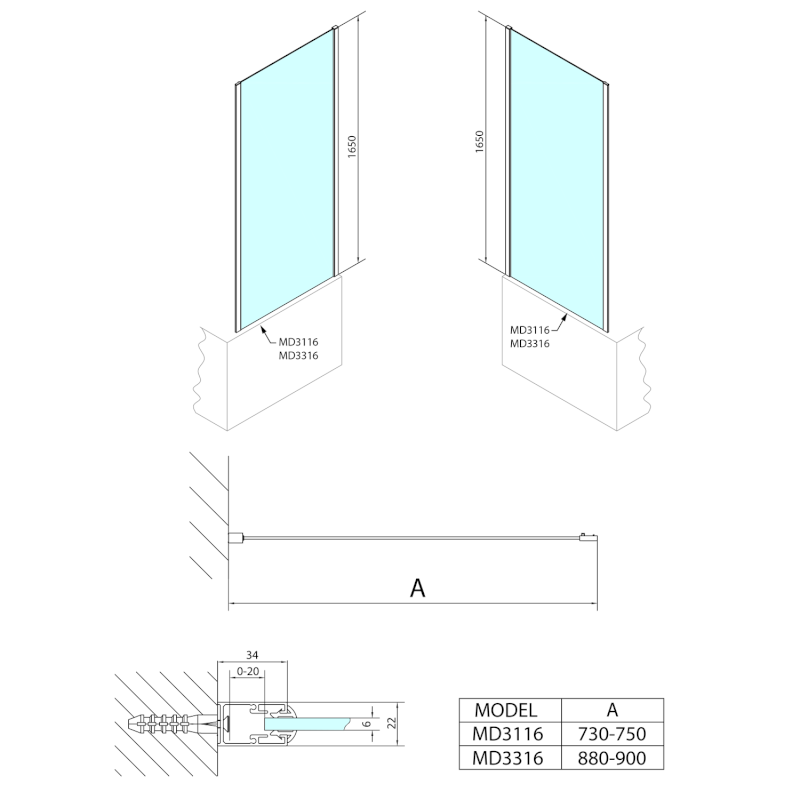 DEEP boční stěna 750x1650mm, čiré sklo MD3116