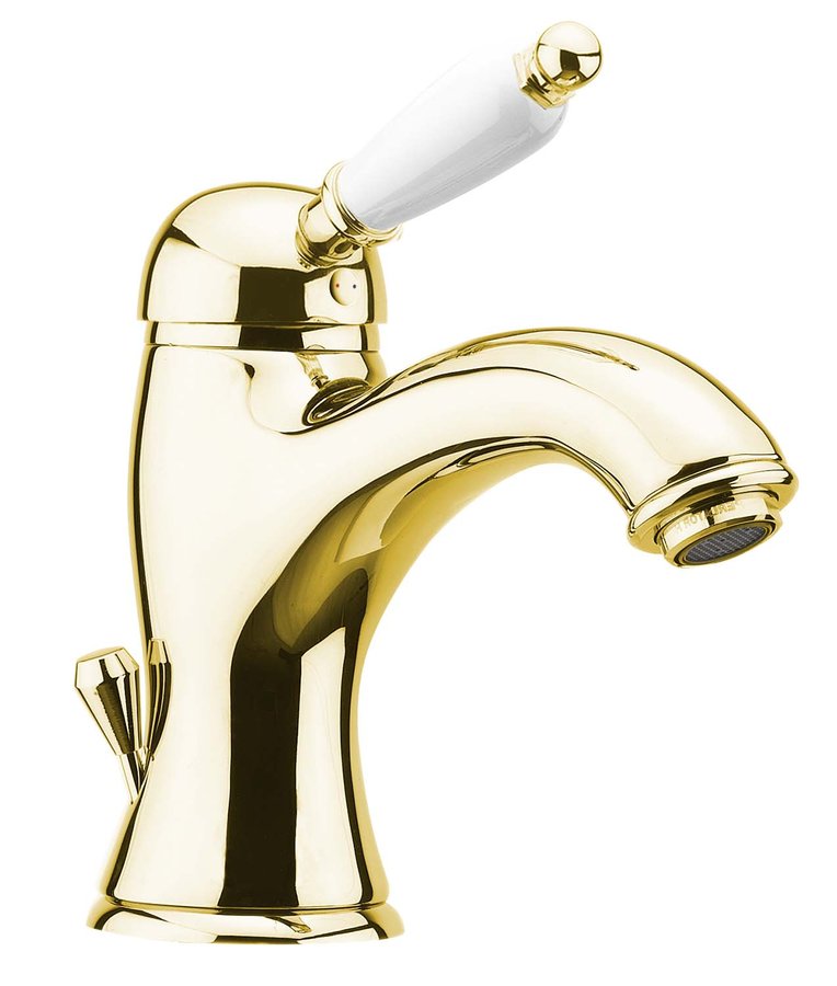 KIRKÉ WHITE stojánková umyvadlová baterie s výpustí, bílá páčka, zlato KI02BZ