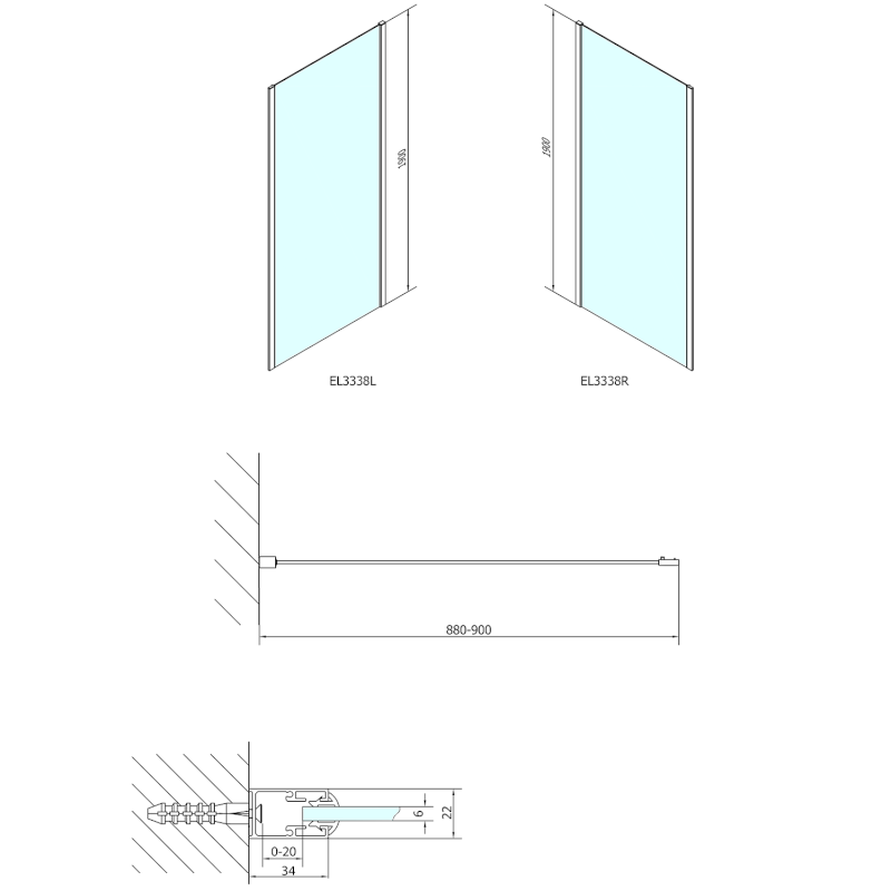 EASY boční stěna 900mm, sklo BRICK EL3338