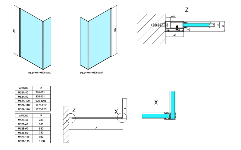 MODULAR SHOWER stěna k instalaci na zeď, pro připojení pevného panelu, 800 mm MS2A-80