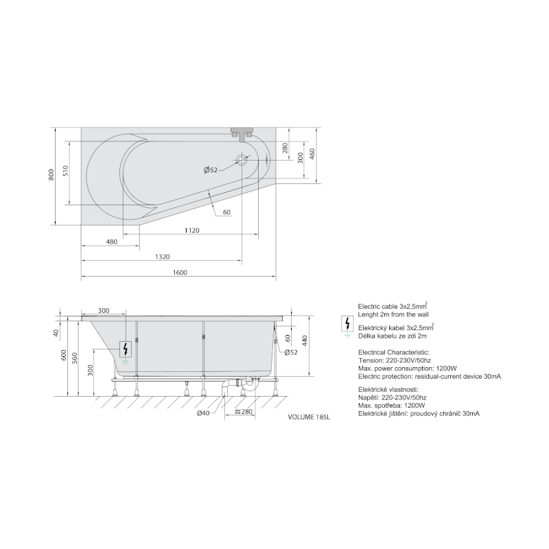 PROJEKTA L hydromasážní vana, 160x80x44cm, Active Hydro-Air, chrom 20111.2010