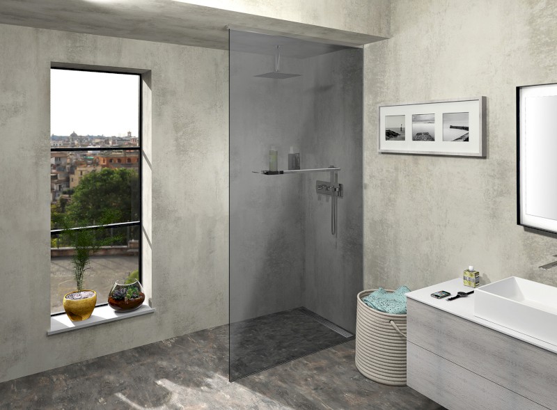 ARCHITEX sada pro uchycení skla, podlaha-stěna-strop se spádovou lištou, 1615x2600mm, pravá, leštěný hliník AX2616R