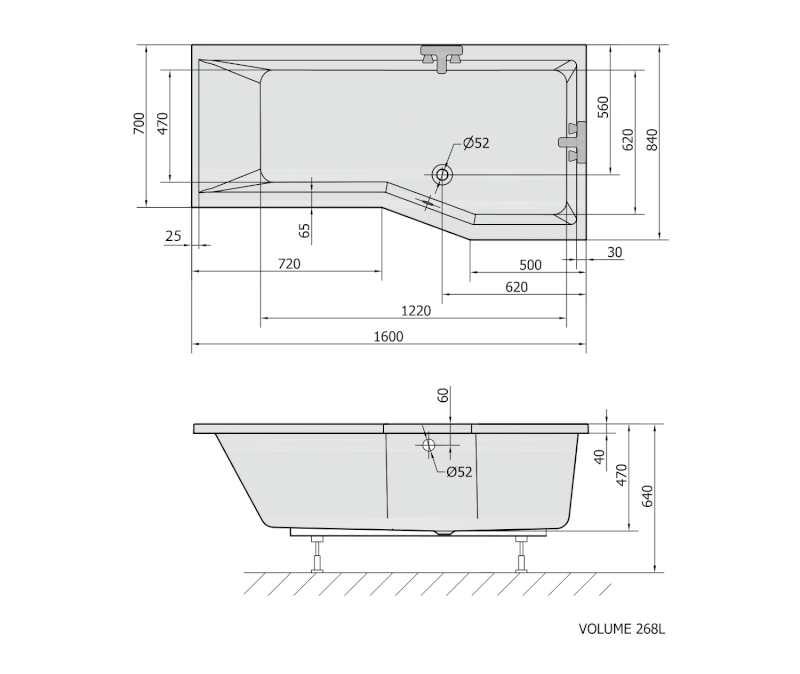VERSYS R asymetrická vana 160x84x70x47cm, bílá 15611