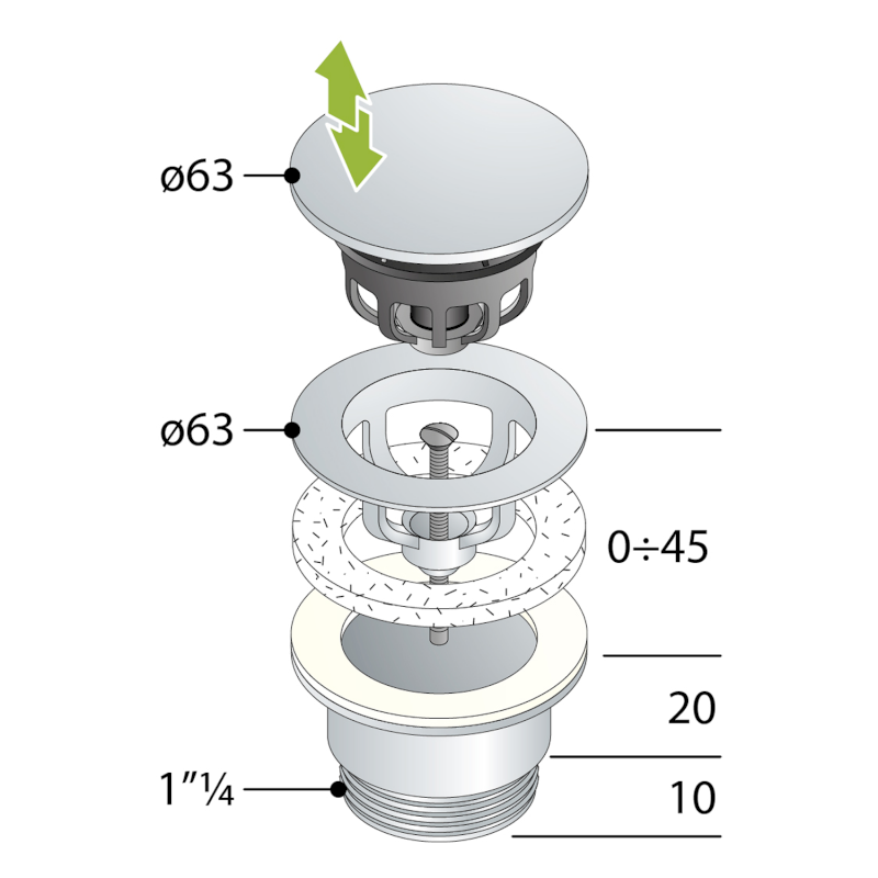Umyvadlová výpust 5/4“, click-clack, velká zátka, 10-45mm, bílá mat 7532.310.5XD