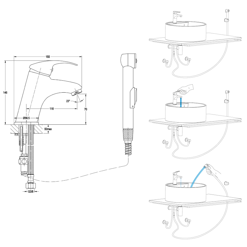 Stojánková umyvadlová baterie s bidetovou sprchou, chrom 1209-05