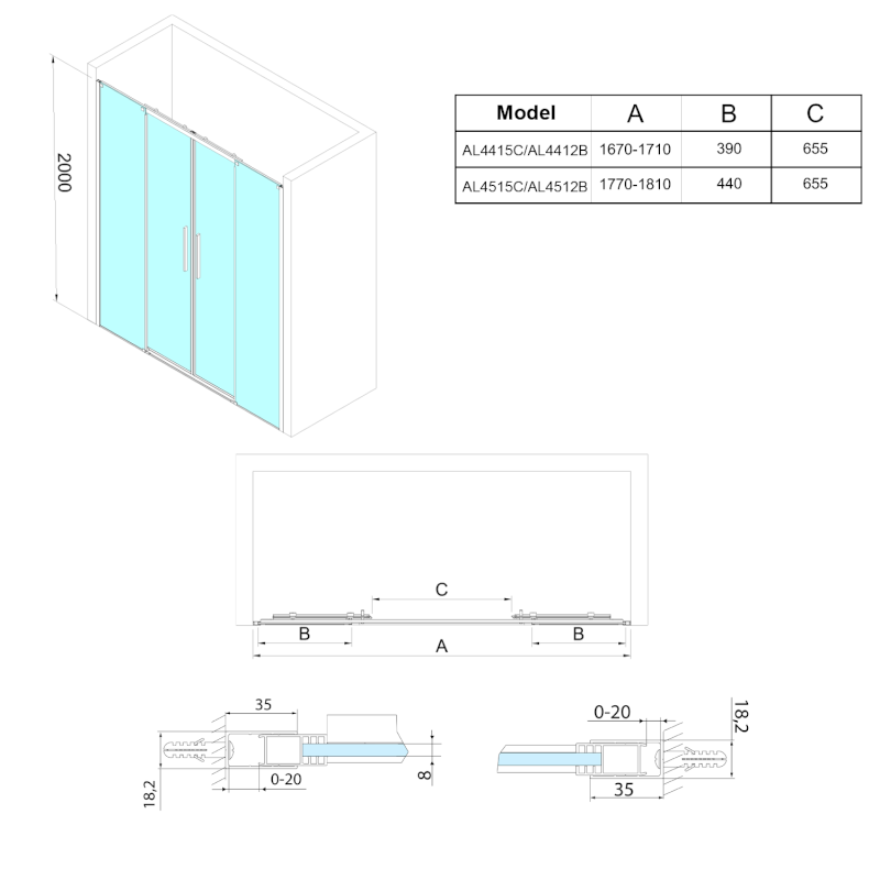 ALTIS BLACK posuvné dveře 1670-1710mm, výška 2000mm, čiré sklo AL4412B