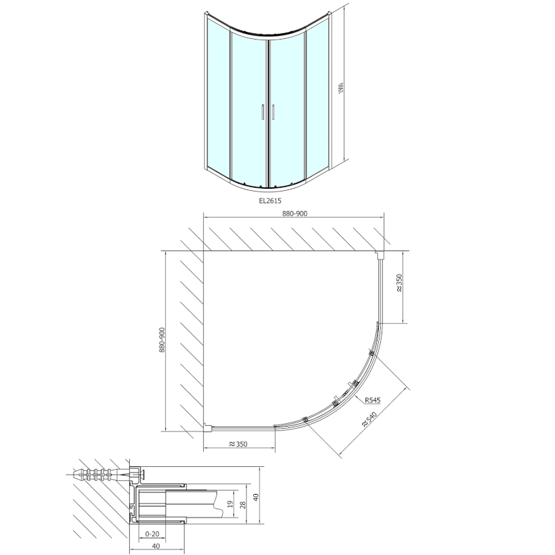 EASY čtvrtkruhová sprchová zástěna 900x900mm, L/R, čiré sklo EL2615