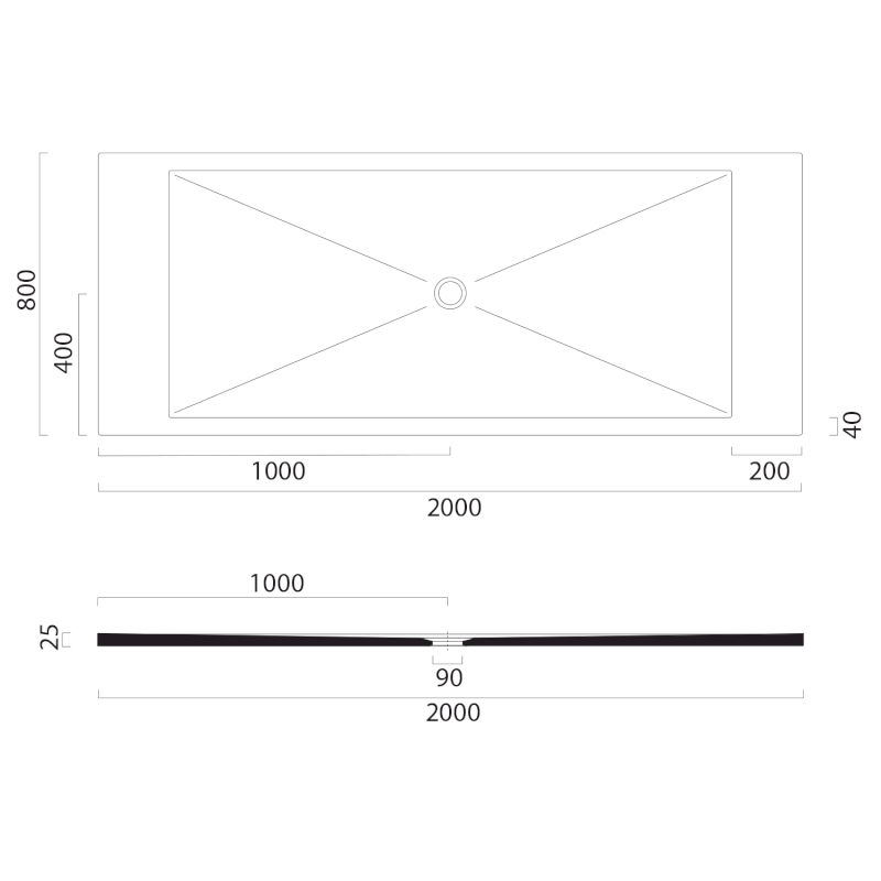 Keramická sprchová vanička, obdélník 200x80x2cm, cenere mat 46200817