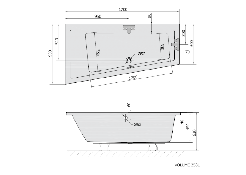 ANDRA L asymetrická vana 170x90x45cm, ivory 81111.40
