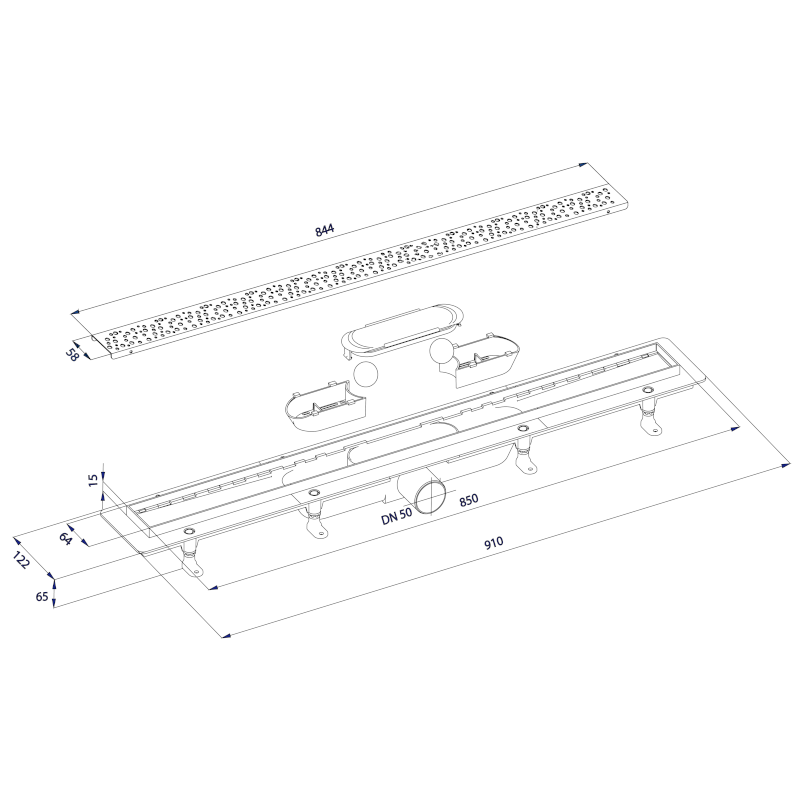 MARMI podlahový žlab s nerezovým roštem, L-910, DN50 1702-90