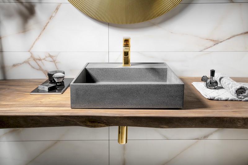 QUADRADO betonové umyvadlo včetně výpusti, 46x46cm, černý granit AR468