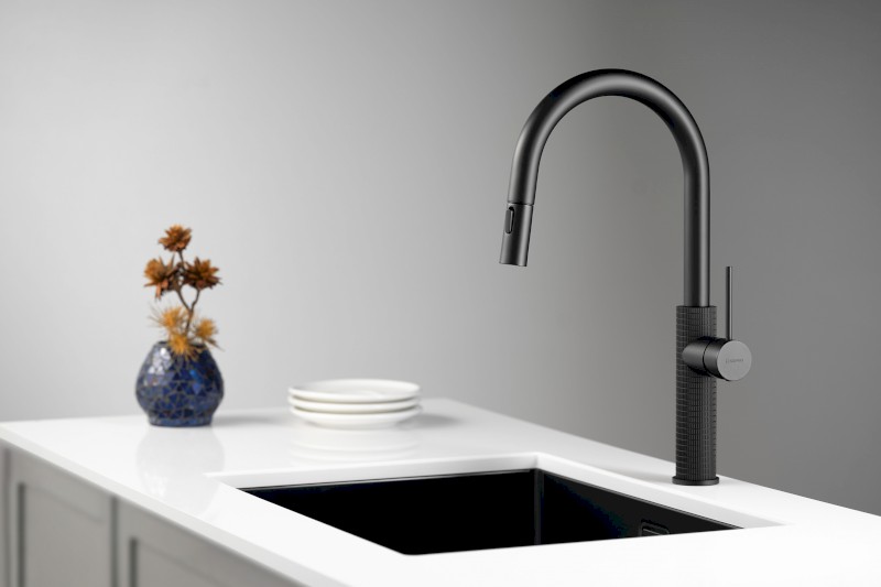 FLAWO stojánková dřezová baterie s výsuvnou sprškou, černá mat FR576B