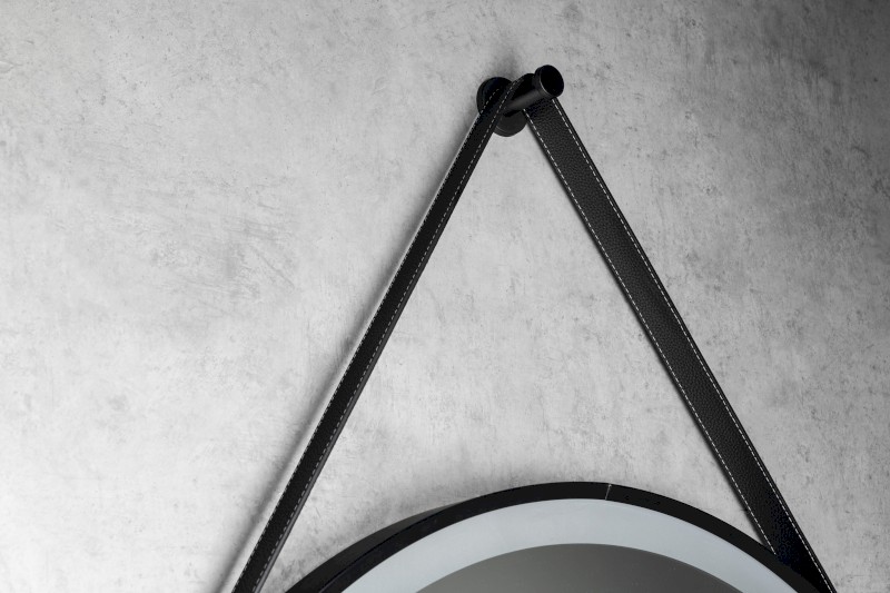 STAGO kulaté zrcadlo s LED osvětlením ø 60cm, kožený pásek, dotykový senzor, stmívatelné, černá mat SG060