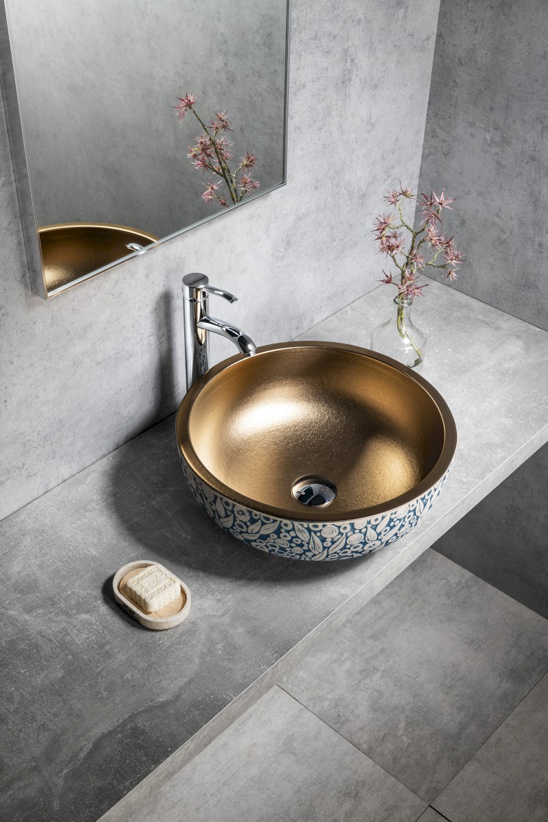 PRIORI keramické umyvadlo na desku, Ø 41 cm, měď/modrá se vzorem PI037