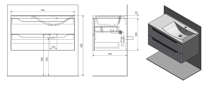 WAVE umyvadlová skříňka 89,7x45x47,8cm, pravá, bílá/mali wenge WA093-3021