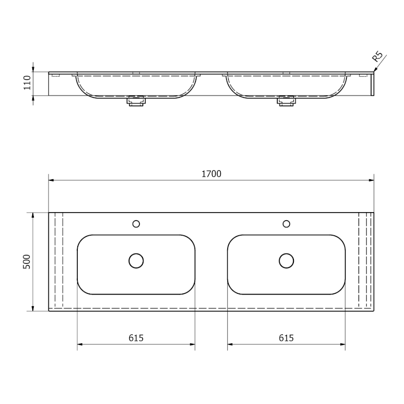 EMICO dvojumyvadlo, Rockstone, 170x50cm, límec L, bílá mat EM170-B2M-L