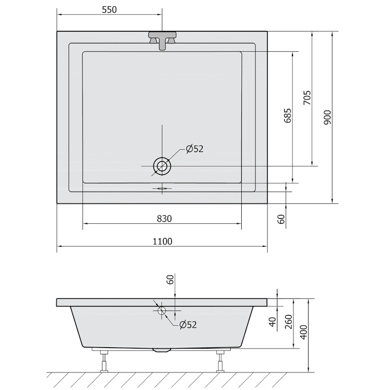 DEEP hluboká sprchová vanička s konstrukcí, obdélník 110x90x26cm, bílá 72372