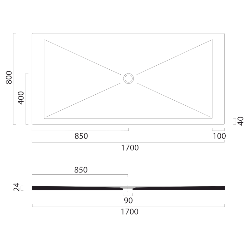 Keramická sprchová vanička, obdélník 170x80x2cm, cenere mat 46170817