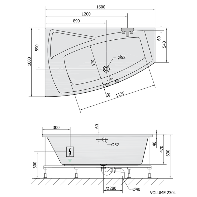 EVIA L hydromasážní vana, 160x100x47cm, Attraction Hydro, chrom 11611.3010