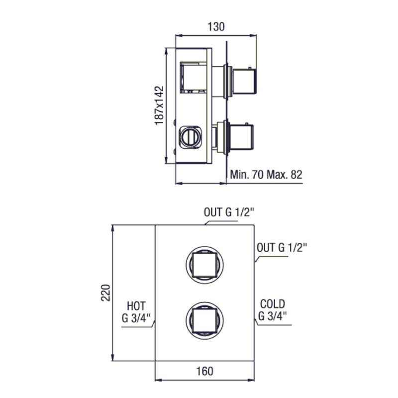 DIMY podomítková sprchová termostatická baterie, 2 výstupy, chrom DM392