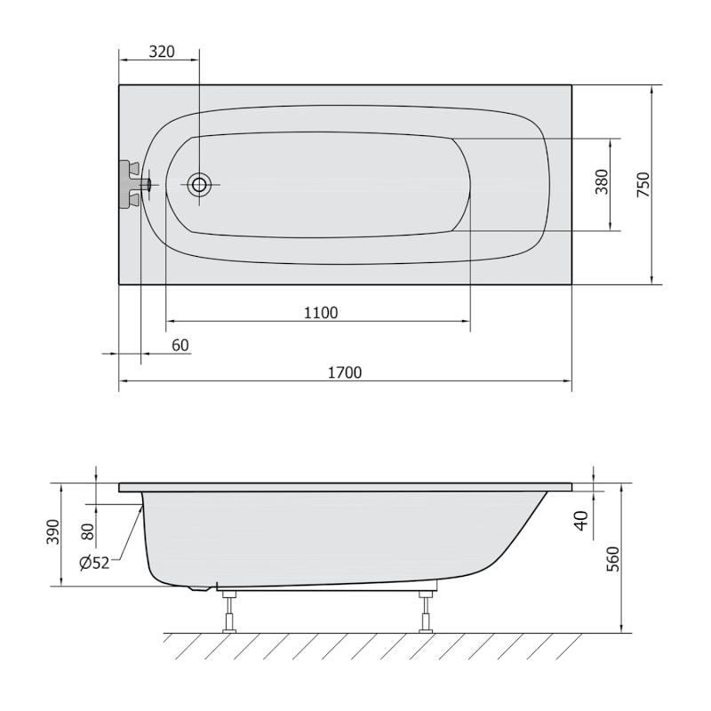 EBRO obdélníková vana 170x75x39cm, bílá 26711