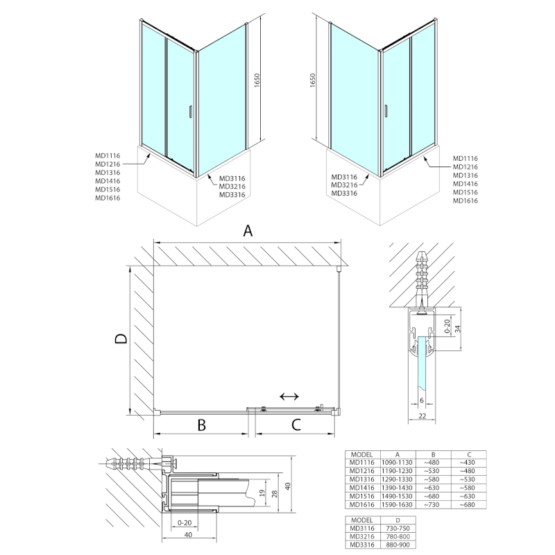 DEEP boční stěna 800x1650mm, čiré sklo MD3216