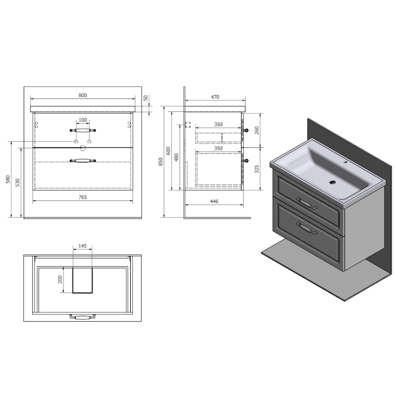 FAVOLO umyvadlová skříňka 76,5x60x44,6cm, bílá mat FV280