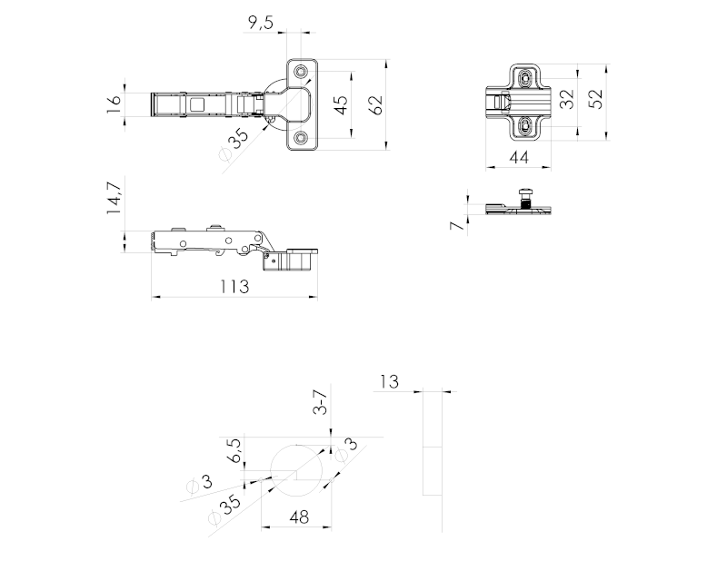 Nábytkový závěs s podložkou, naložený, integr.tlumení, chrom ST110D