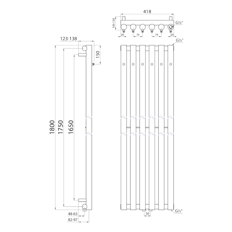 PILON otopné těleso 418x1800mm, se šesti háčky pro ručník, černá mat IZ132T