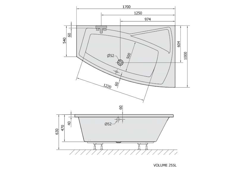 EVIA R asymetrická vana 170x100x47cm, bílá 22611
