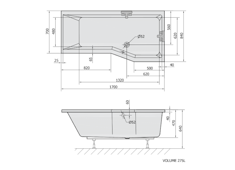 VERSYS R asymetrická vana 170x84x70x47cm, bílá 70611