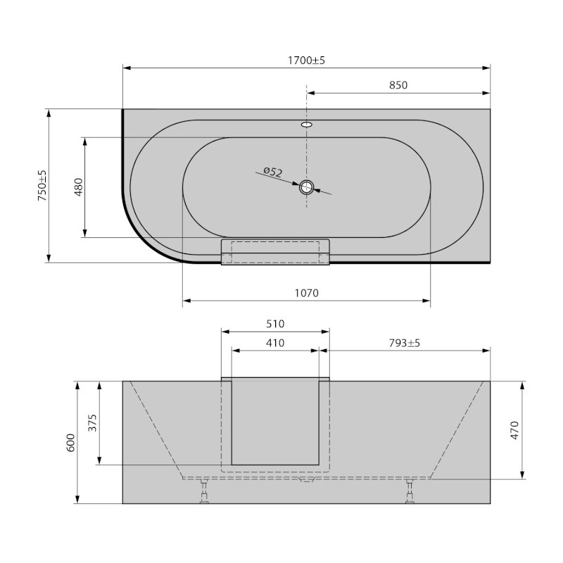 PORTAS R asymetrická vana s dvířky, 170x75x60cm, bílá 75541