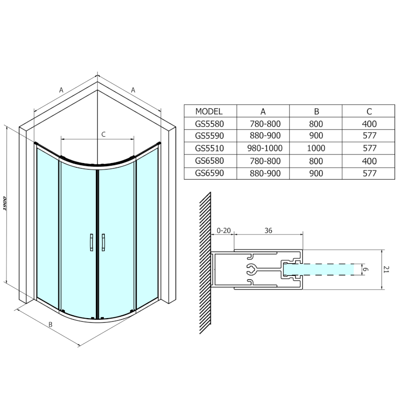 SIGMA SIMPLY čtvrtkruhová sprchová zástěna 800x800 mm, R550, čiré sklo GS5580