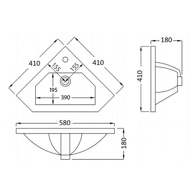 Keramické umyvadlo rohové 41x41 cm, nábytkové 1601-40