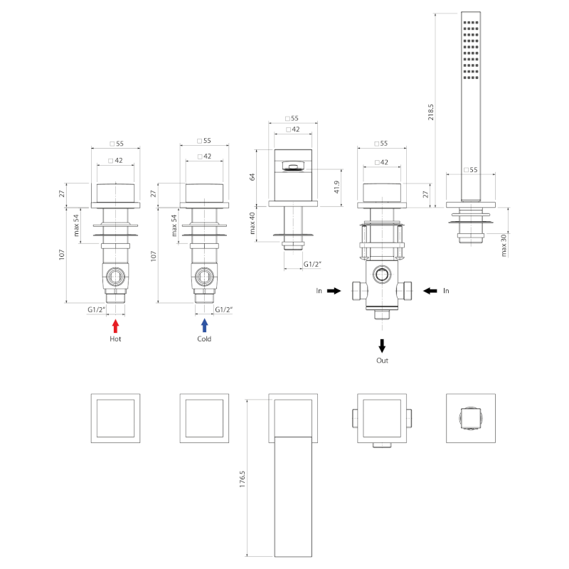DIMY pětiprvková baterie na okraj vany, chrom DIMTECH5