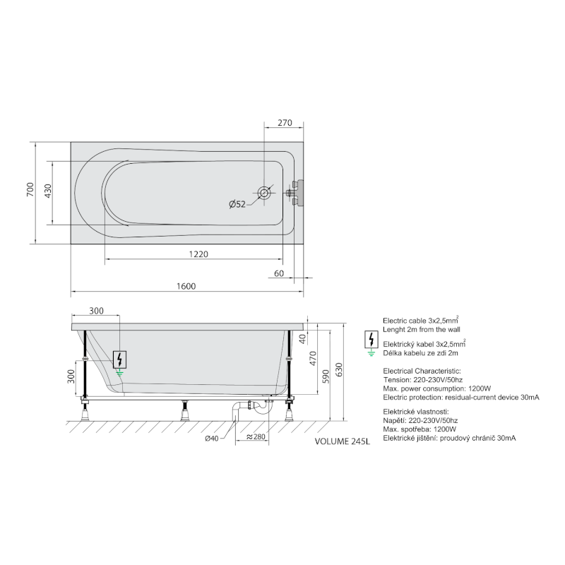 LISA hydromasážní vana, 160x70x47cm, Active Hydro-Air, chrom 86111.2010